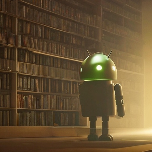 Android mascot standing in a library